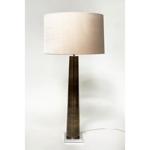 188 - COLUMN LAMP, tall sepia smoked glass tapering with chromium base and silk drum shade by 'Heathfield ... 