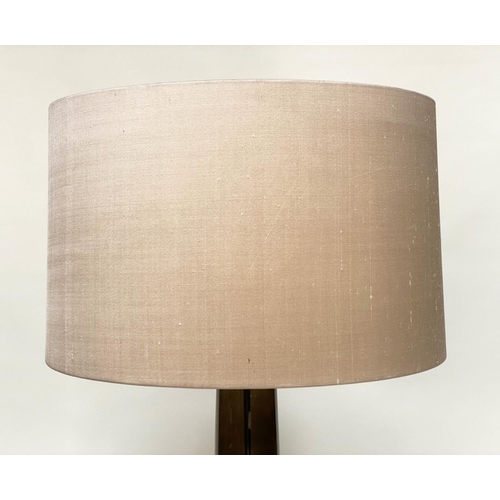 188 - COLUMN LAMP, tall sepia smoked glass tapering with chromium base and silk drum shade by 'Heathfield ... 