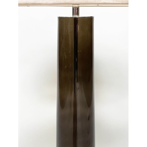 188 - COLUMN LAMP, tall sepia smoked glass tapering with chromium base and silk drum shade by 'Heathfield ... 