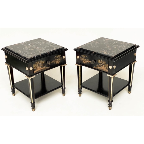 190 - LAMP TABLES, a pair, lacquered and gilt Chinosierie painted each with drawer and undertier, 50cm x 5... 