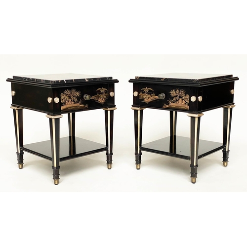 190 - LAMP TABLES, a pair, lacquered and gilt Chinosierie painted each with drawer and undertier, 50cm x 5... 