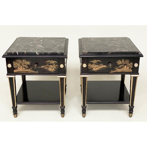 190 - LAMP TABLES, a pair, lacquered and gilt Chinosierie painted each with drawer and undertier, 50cm x 5... 