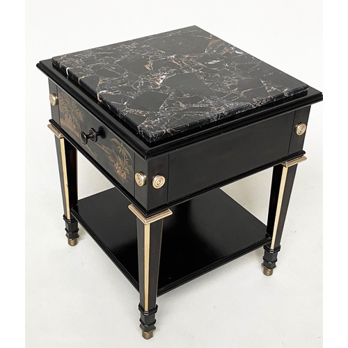 190 - LAMP TABLES, a pair, lacquered and gilt Chinosierie painted each with drawer and undertier, 50cm x 5... 