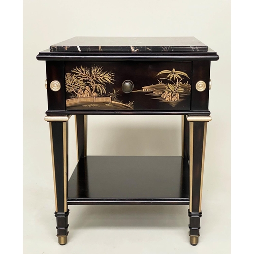 190 - LAMP TABLES, a pair, lacquered and gilt Chinosierie painted each with drawer and undertier, 50cm x 5... 