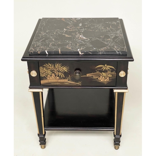 190 - LAMP TABLES, a pair, lacquered and gilt Chinosierie painted each with drawer and undertier, 50cm x 5... 