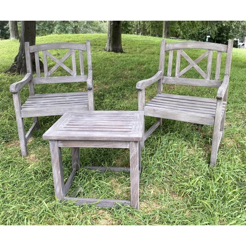 192 - GARDEN ARMCHAIRS, a pair, weathered teak and slatted with lattice backs together with a table, chair... 