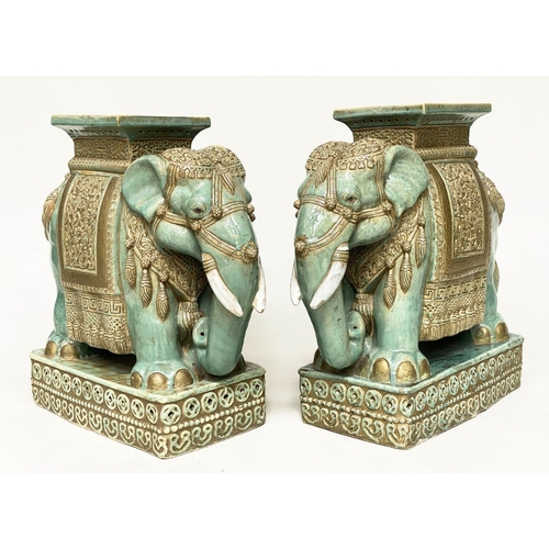 205 - GARDEN ELEPHANT STOOLS, a pair, jade green and gilt ceramic ceremonial style with seats and plinths,... 