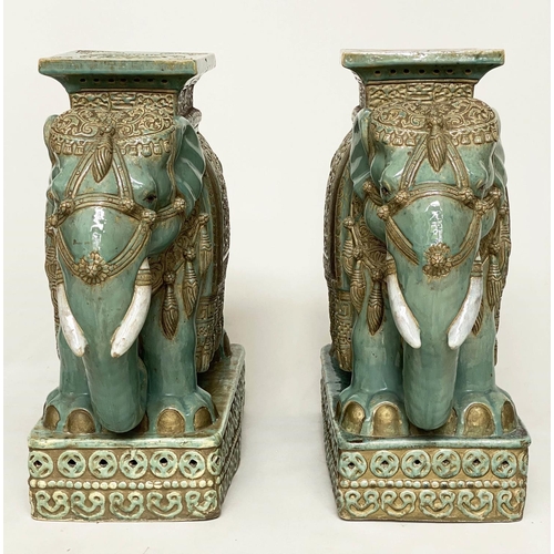 205 - GARDEN ELEPHANT STOOLS, a pair, jade green and gilt ceramic ceremonial style with seats and plinths,... 