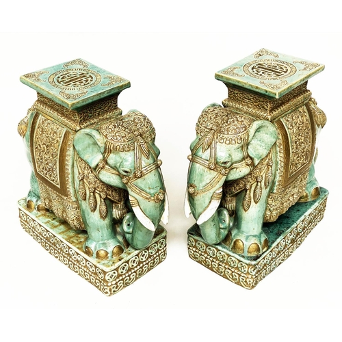 205 - GARDEN ELEPHANT STOOLS, a pair, jade green and gilt ceramic ceremonial style with seats and plinths,... 