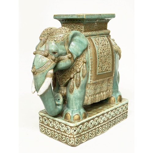 205 - GARDEN ELEPHANT STOOLS, a pair, jade green and gilt ceramic ceremonial style with seats and plinths,... 