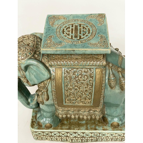 205 - GARDEN ELEPHANT STOOLS, a pair, jade green and gilt ceramic ceremonial style with seats and plinths,... 