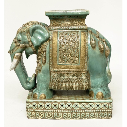 205 - GARDEN ELEPHANT STOOLS, a pair, jade green and gilt ceramic ceremonial style with seats and plinths,... 