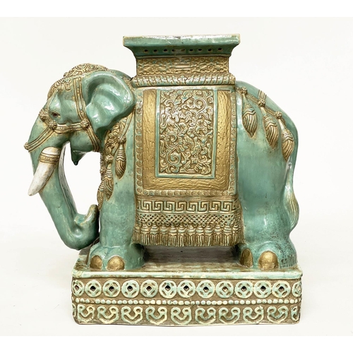 205 - GARDEN ELEPHANT STOOLS, a pair, jade green and gilt ceramic ceremonial style with seats and plinths,... 