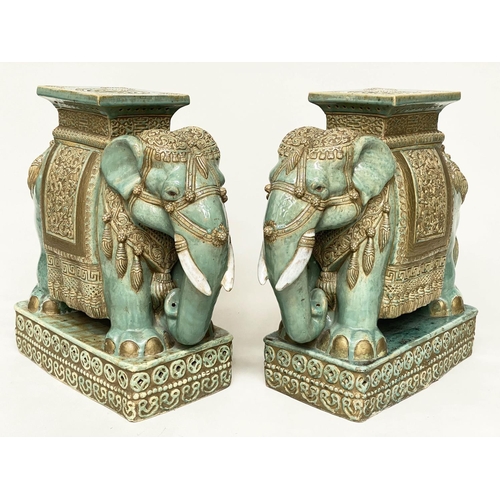 205 - GARDEN ELEPHANT STOOLS, a pair, jade green and gilt ceramic ceremonial style with seats and plinths,... 