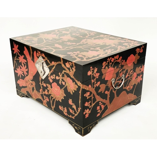 206 - CHINESE TRUNK, early 20th century lacquered with gilded brown and red foliate and bird decoration, s... 