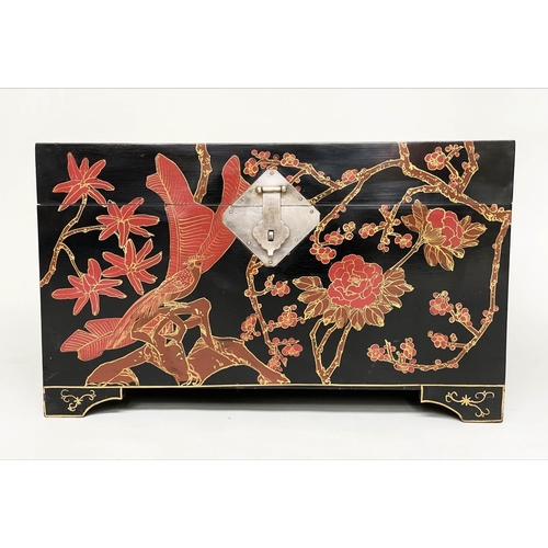 206 - CHINESE TRUNK, early 20th century lacquered with gilded brown and red foliate and bird decoration, s... 