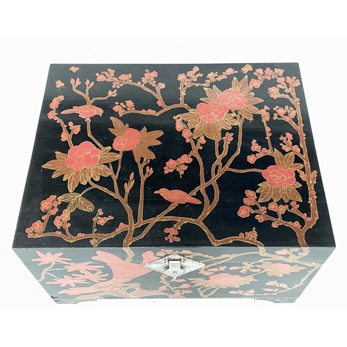 206 - CHINESE TRUNK, early 20th century lacquered with gilded brown and red foliate and bird decoration, s... 