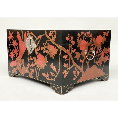 206 - CHINESE TRUNK, early 20th century lacquered with gilded brown and red foliate and bird decoration, s... 