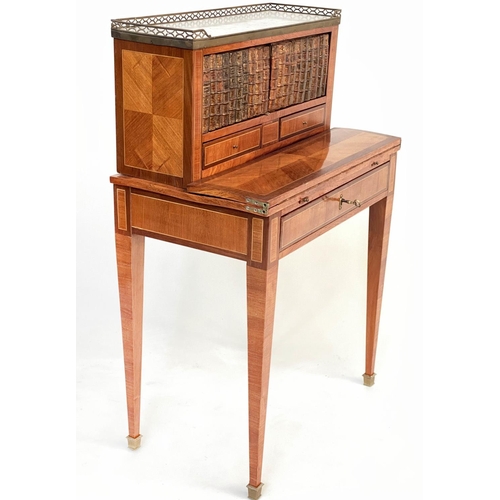 207 - BONHOUR DE JOUR, early 20th century French kingwood and marquetry with faux book cupboards fold out ... 