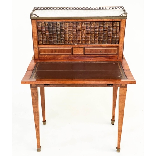 207 - BONHOUR DE JOUR, early 20th century French kingwood and marquetry with faux book cupboards fold out ... 