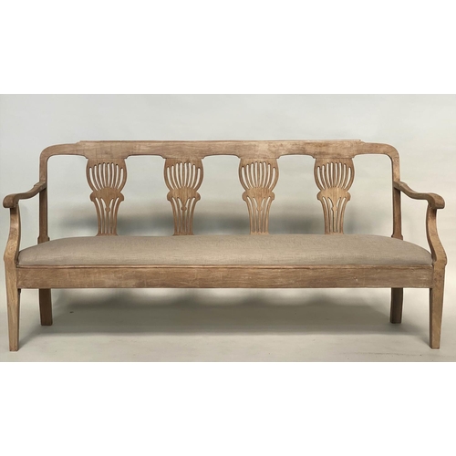 211 - HALL SEAT, 19th century elm with triple pierced splat back, arms and linen upholstered drop in seat,... 