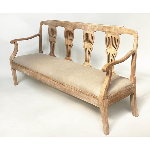 211 - HALL SEAT, 19th century elm with triple pierced splat back, arms and linen upholstered drop in seat,... 