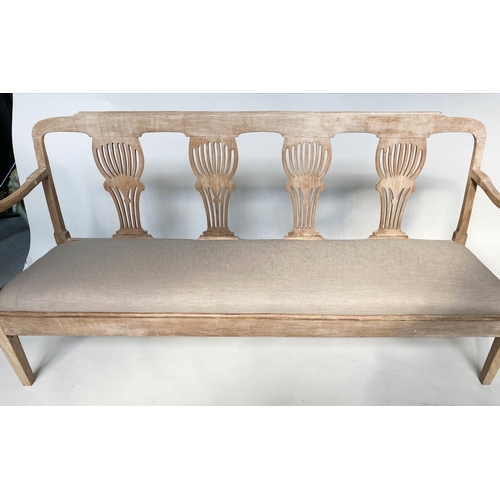 211 - HALL SEAT, 19th century elm with triple pierced splat back, arms and linen upholstered drop in seat,... 