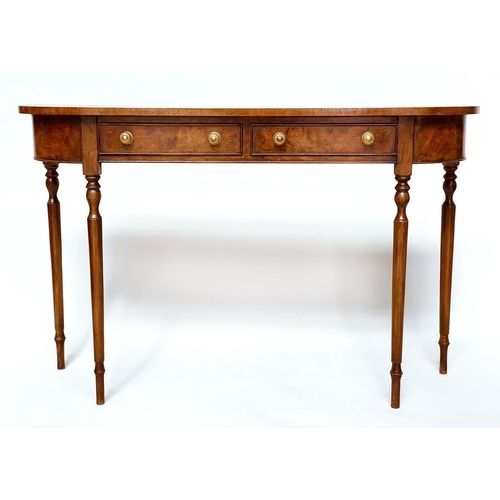 212 - HALL TABLE, George III design burr walnut and crossbanded with rounded ends, two frieze drawers and ... 