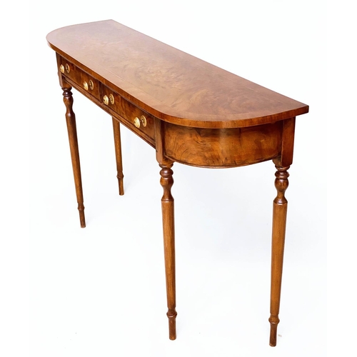 212 - HALL TABLE, George III design burr walnut and crossbanded with rounded ends, two frieze drawers and ... 