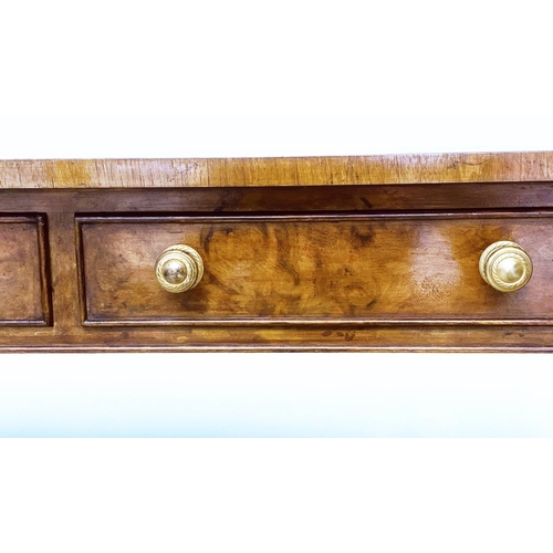 212 - HALL TABLE, George III design burr walnut and crossbanded with rounded ends, two frieze drawers and ... 