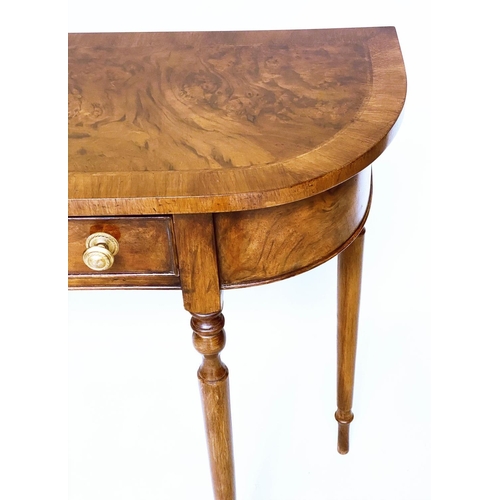 212 - HALL TABLE, George III design burr walnut and crossbanded with rounded ends, two frieze drawers and ... 