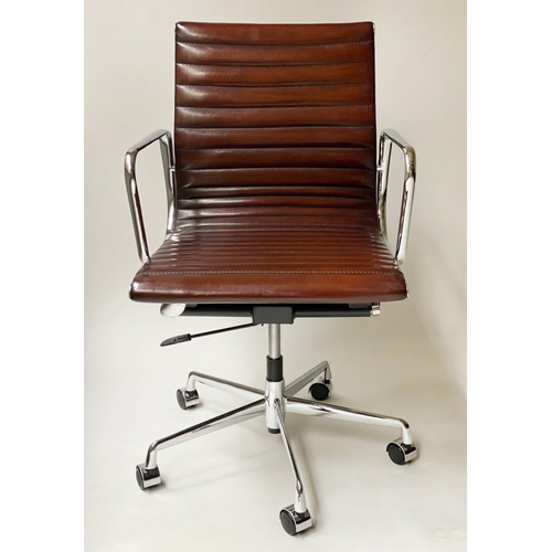 213 - REVOLVING DESK CHAIR, Charles and Ray Eames inspired with ribbed tan leather seat revolving and recl... 