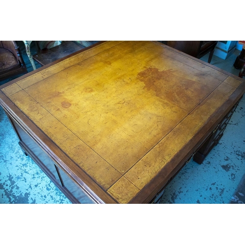 215 - PARTNER'S DESK, 77cm H x 152cm W x 136cm D, Victorian mahogany with tan leather top above nine drawe... 