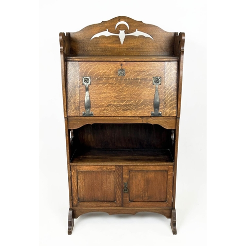 219 - ARTS AND CRAFTS BUREAU, 69cm W x 133cm H x 26cm D, Liberty style oak, with  pierced bat and crescent... 