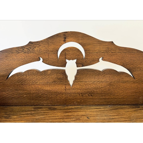 219 - ARTS AND CRAFTS BUREAU, 69cm W x 133cm H x 26cm D, Liberty style oak, with  pierced bat and crescent... 