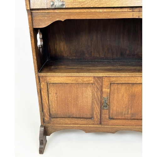 219 - ARTS AND CRAFTS BUREAU, 69cm W x 133cm H x 26cm D, Liberty style oak, with  pierced bat and crescent... 