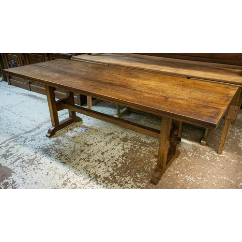 225 - REFECTORY TABLE, 76cm H x 78cm x 215cm W x 78cm D, Arts and Crafts style oak.