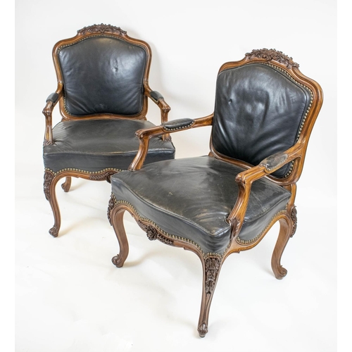 226 - FAUTEUILS, 100cm H x 65cm W, a pair, Louis XV style rosewood in black leather. (2)