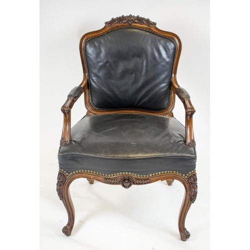 226 - FAUTEUILS, 100cm H x 65cm W, a pair, Louis XV style rosewood in black leather. (2)