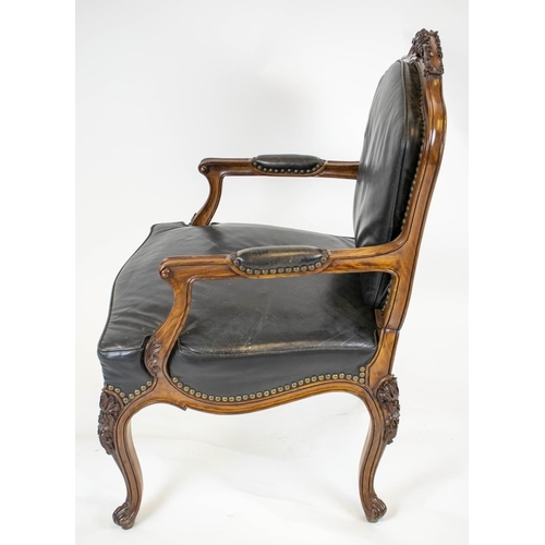 226 - FAUTEUILS, 100cm H x 65cm W, a pair, Louis XV style rosewood in black leather. (2)