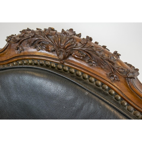 226 - FAUTEUILS, 100cm H x 65cm W, a pair, Louis XV style rosewood in black leather. (2)