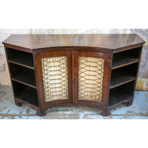 229 - CONCAVE SIDE CABINET, 76cm H x 139cm W x 50cm D, Regency mahogany with a pair of brass grille and pl... 