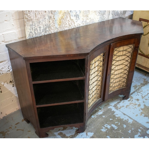 229 - CONCAVE SIDE CABINET, 76cm H x 139cm W x 50cm D, Regency mahogany with a pair of brass grille and pl... 