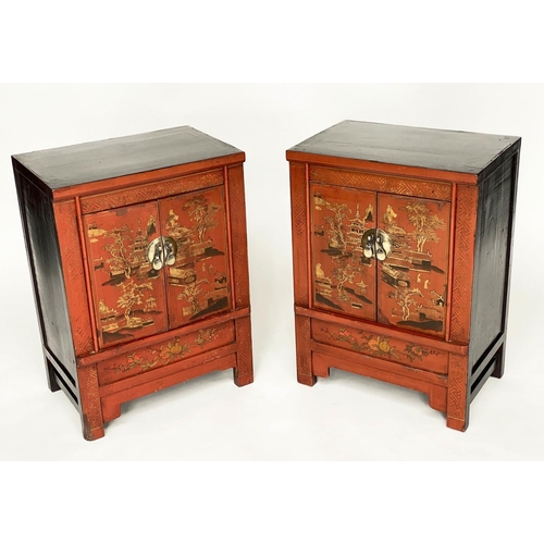 239 - CHINESE CABINETS, a pair, early 20th century scarlet lacquered and gilt Chinoiserie decorated each w... 