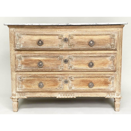 242 - COMMODE, early 19th century French bleached carved oak and silvered metal mounted with three long dr... 