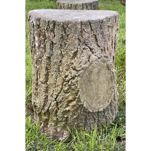 244 - GARDEN 'TREE TRUNK' TABLE AND STOOLS, a pair, well weathered reconstituted stone in the form of tree... 