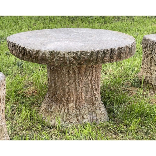 244 - GARDEN 'TREE TRUNK' TABLE AND STOOLS, a pair, well weathered reconstituted stone in the form of tree... 