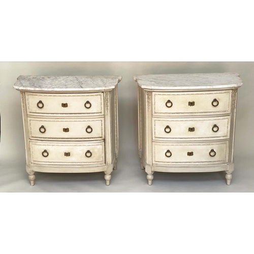 249 - COMMODES, a pair, 19th century bowfronted original grey painted one with three drawers, the other wi... 