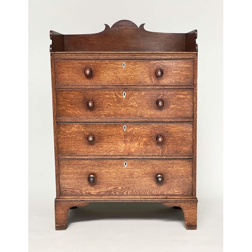 254 - CHEST, 19th century oak with shaped 3/4 gallery above four long graduated drawers with bone escutche... 