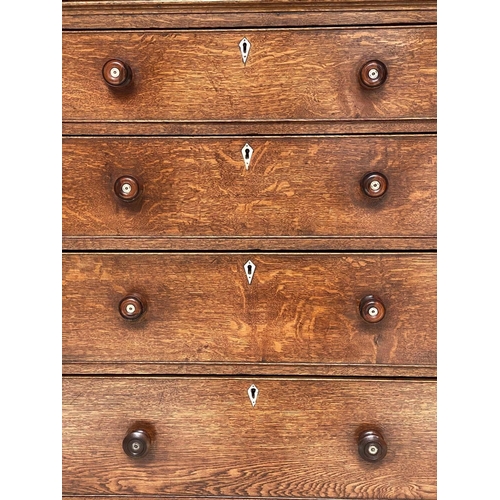 254 - CHEST, 19th century oak with shaped 3/4 gallery above four long graduated drawers with bone escutche... 